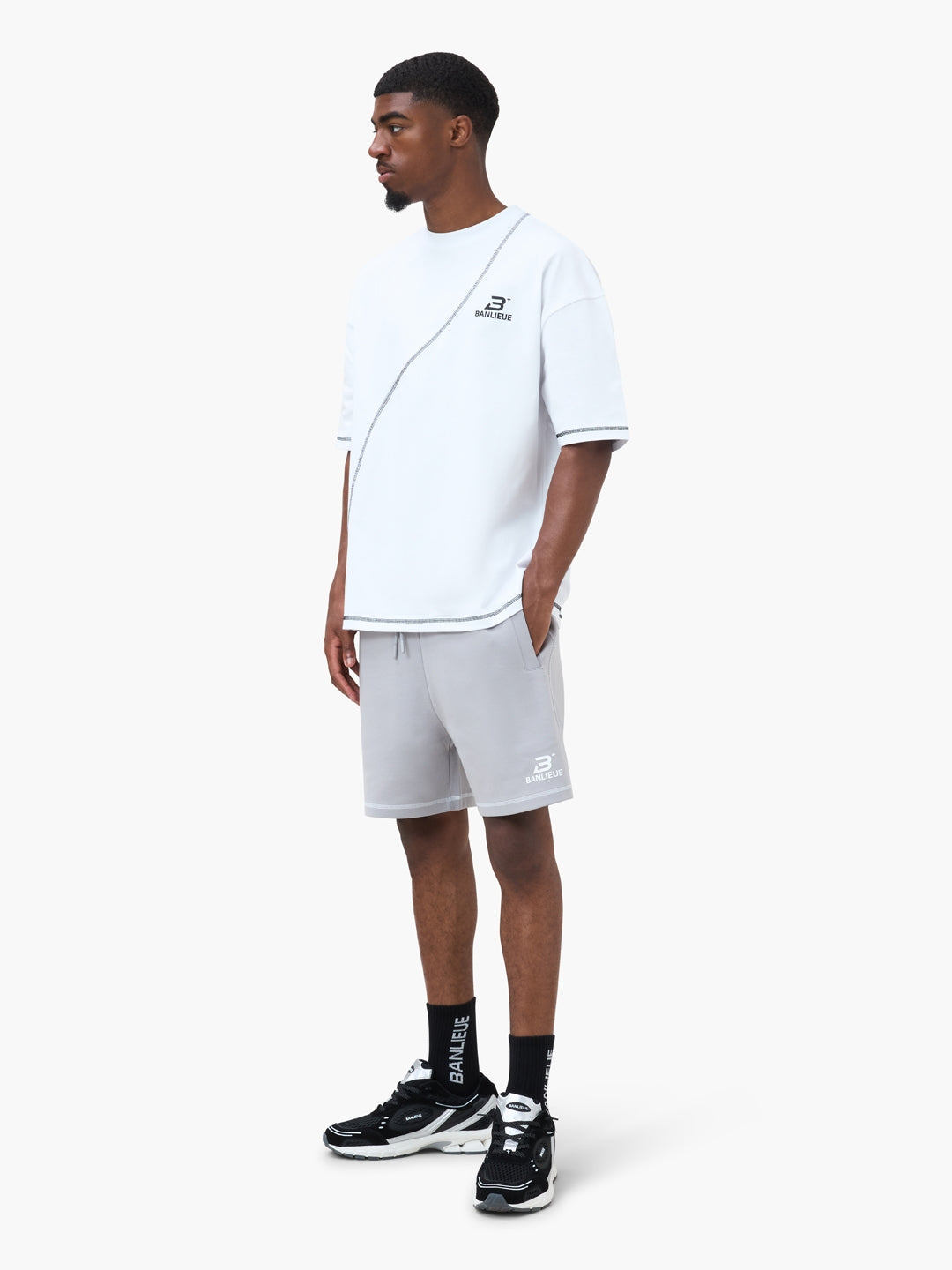 CONTRAST STITCH SHORTS | ALLOY GREY / WHITE